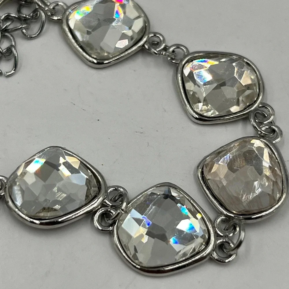 Vintage Silver Tone Large Chunky Crystal Link‎ Bracelet Adjustable Lobster Clasp